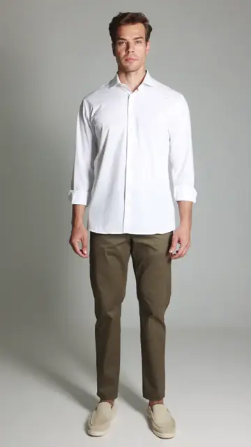 Calça Sarja Bolso Faca Brooksfield: look verde oliva em vista 360°