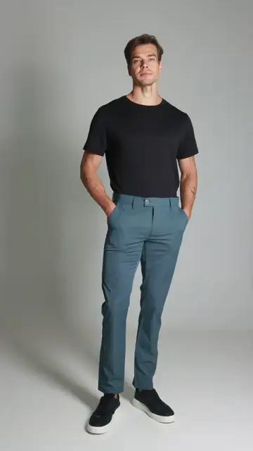 Calça Sarja Compact Flex Bolso Faca Brooksfield: azul-petróleo e detalhes do cós