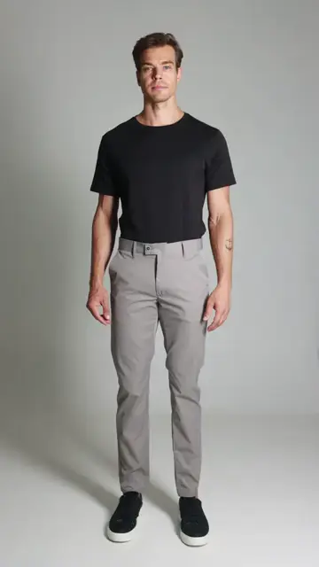 Calça Sarja Compact Flex Bolso Faca Brooksfield: look cinza com camiseta preta