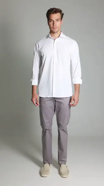 Calça Sarja Bolso Faca Cinza Brooksfield: caimento de frente, lado e costas